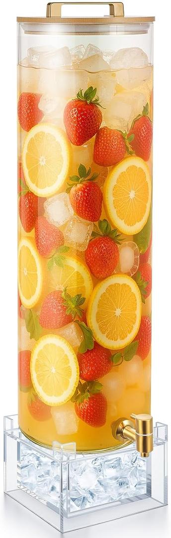 FillTouch 5 Gallon Glass Drink Dispenser with Acrylic Base and Acacia Wood Lid, Large Glass Drink Beverage Dispenser with Stainless Steel Spigot for Parties, Wedding, Anniversaries, Lemonade, Iced Tea