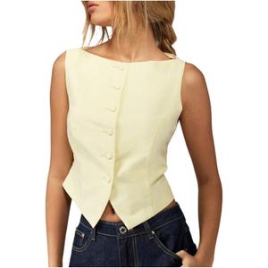 Milumia Women's Sleeveless Button Down Tank Tops Slit Hem Fitted Vests Waistcoat Top (Yellow, L)