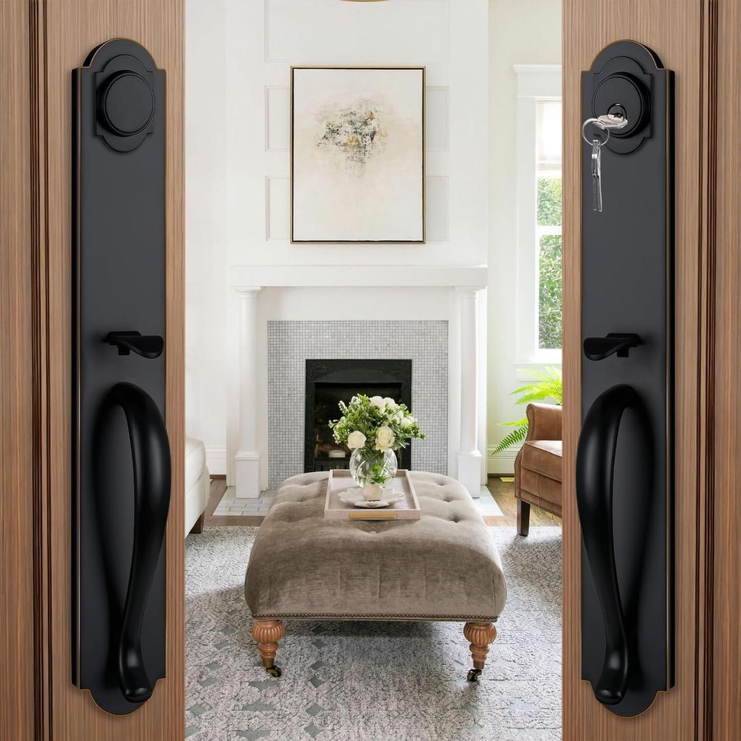 Front Double Door Handleset for Exterior Front Door Aged Bronze Finish (Keyed Entry Handle and Dummy Handleset Set),MDHST201810B-knob-SET