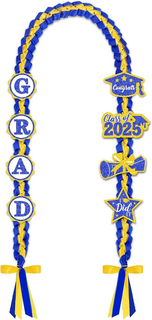 2025 Graduation Leis with Glitter Pins 2025 Grad Decorations Handmade Double Braided Satin Lei for Class of 2025 Graduate Her Him High School College Grad Party Supplies - Blue Gold