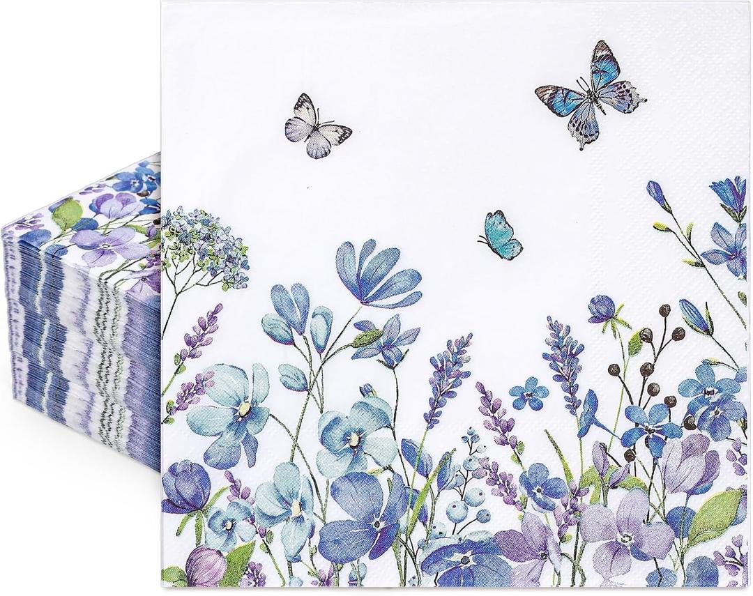 2 x 80 Pcs Floral Paper Napkins Summer Watercolor Blue Wildflower Butterfly Disposable Napkins Flower Blossom Luncheon Dinner Napkin for Spring Wedding Baby Shower Birthday Tea Party Supplies