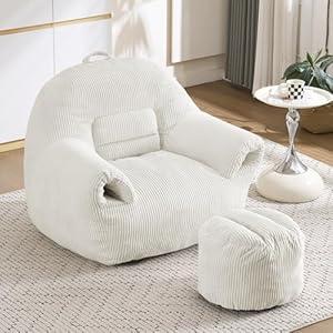 DAICO Bean Bag Chairs for Adults Floor Sofa Couch Comfy Accent Chair with Ottoman Corduroy Couchs with Armrests Single Lazy Sofas with Foam for Living Room Reading Bedroom Gaming Office Beige