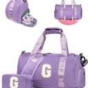 Gifts for 4 5 6 7 8 9 10 Year Old Girls-Girl Gym Bag with Shoe Compartment, Kid Personalized Weekender Overnight Bags, Initial Travel Tote with Makeup Pouch, Gift for Daughter (Letter G) (Solid Purple)