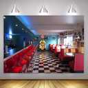 7x5ft 50s Retro Classic Restaurant Background Soda Shop Meal Time Music Stage Carnival Prom Party Background Banner Picture Child Birthday Shower Backdrop Decor BJHXME286