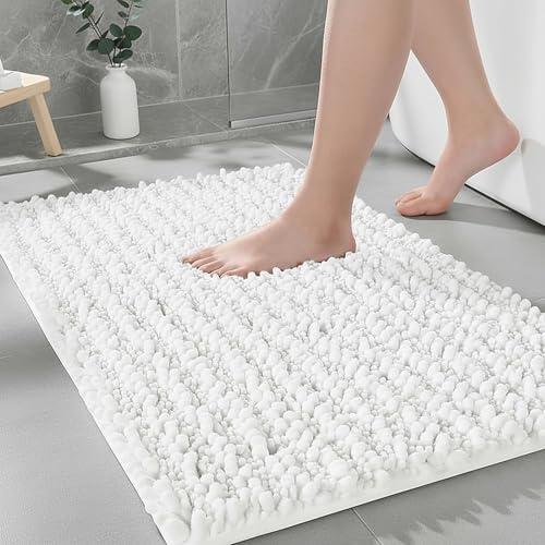 Ruggnovea Bathroom Rugs Non Slip Washable 32x20, Extra Thick Soft Chenille Absorbent Bath Mat, High Density Barrier Non Slip Backing, Quick Dry Plush Shaggy Floor Carpet for Tub&Shower, White