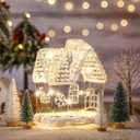 6 Pcs 6.3'' Lighted Christmas Village Set Large Glass Christmas Village Houses with 5 Xmas Trees Glitter Christmas Decorations Indoor Winter White Christmas Tabletop Decor for Xmas Holiday