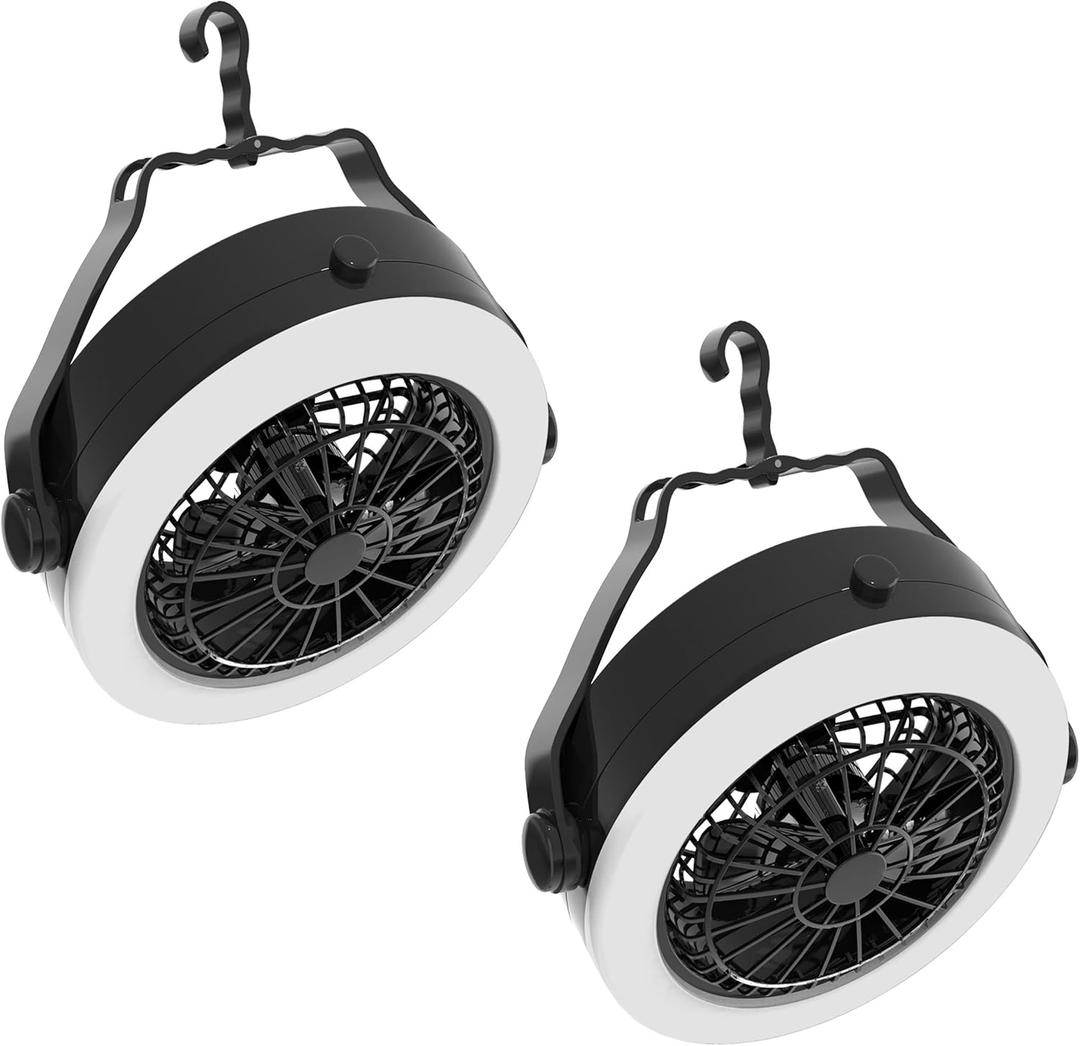 2-in-1 Camping Lantern with Fan Set - Set of 2 Portable Camping Lights with 12 Bright LED Bulbs, USB, and Rechargeable Battery by Wakeman (7.5", Black)