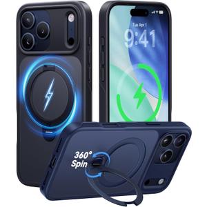 CASEKOO Black for 17 Pro Max Case with 360 Spin Magnetic Stand [Camera Protection] [18FT Military Grade Protection] [Fit for MagSafe] Ring Grip Slim Matte 17 ProMax Case 6.9 Inch