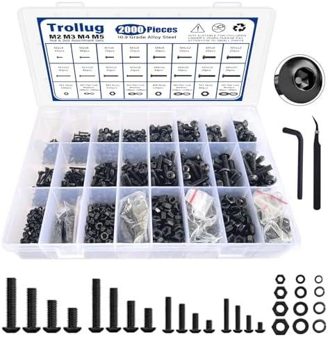 2000PCS Metric Screws Assortment Kit, M2 M3 M4 M5 Bolts and Nuts with Lock and Flat Washers, 10.9 Grade Alloy Steel Metric Bolt Assortment Kit