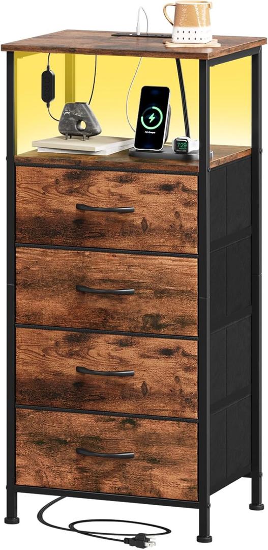 Somdot Tall Nightstand with Charging Station and LED Light for Bedroom, 4 Drawers Dresser with Fabric Bins for Bedside Kids Dorm Room Closet Laundry Entryway, Wood Grain Print