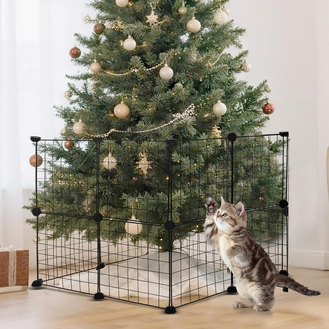 Yalikop 16 Pieces Christmas Tree Fences, Height 24 Inch Metal Christmas Tree Fence Barrier for Pets Dog Cat Xmas Black Gate for Holiday Office Home Decorations