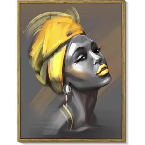 LB Black Girl African American Framed Wall Art for Living Room Beauty Yellow Hair Black Woman Canvas Wall Art Abstract Wall Decor for Bedroom Office Bathroom Ready to Hanging 12x17 Inch (17L" x 12W", Grey)