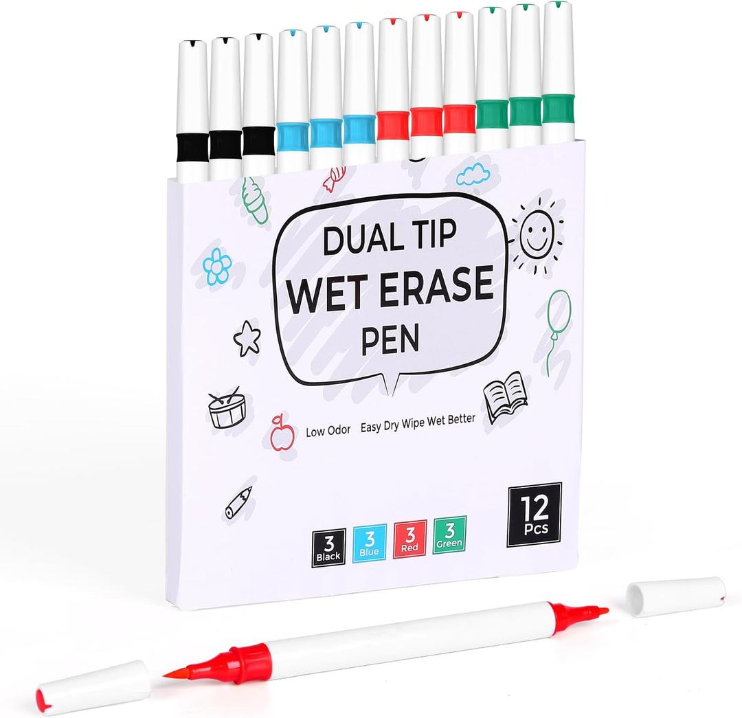 Dual Tip Wet Erase Markers, Low Odor & Easy Clean, 4 Color 12 Pcs for Whiteboards, Glass, Home Office  Ideal for Teachers, Students, Creatives