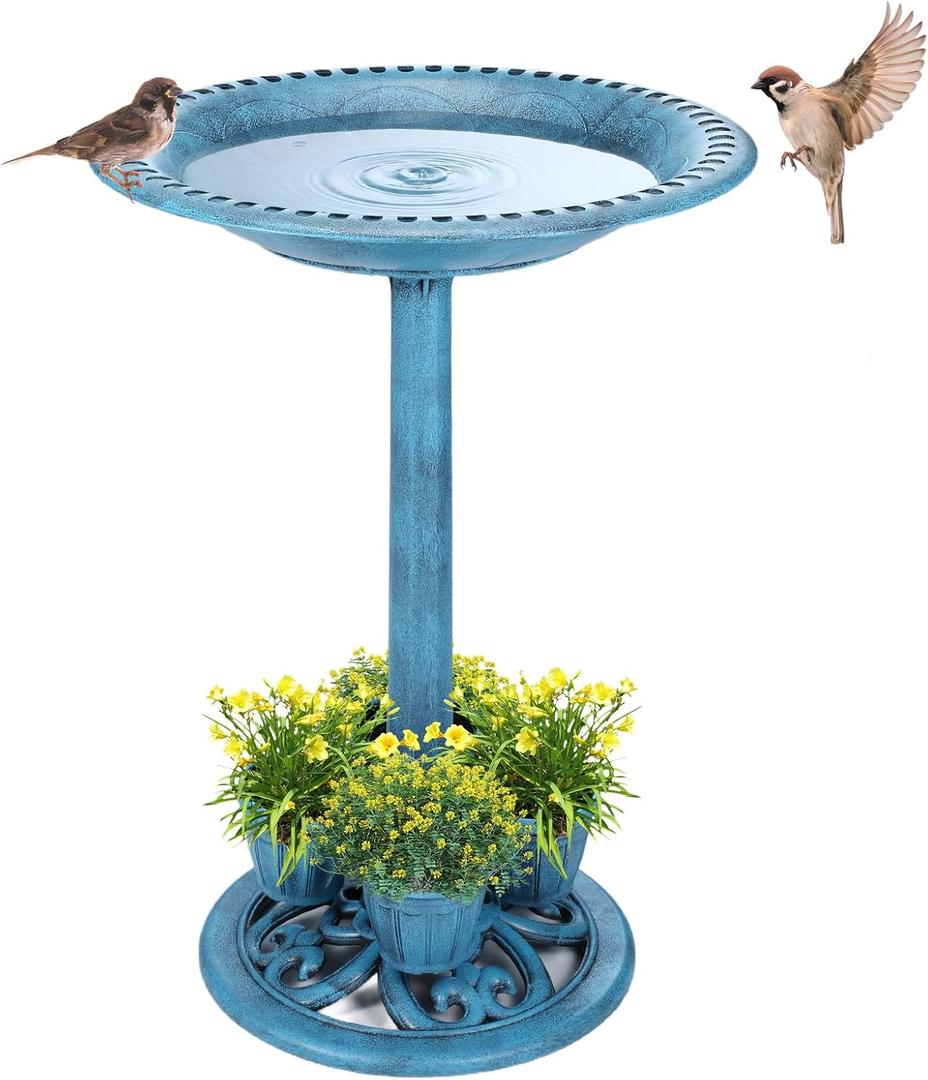 Bird Bath for Outside with 4 Removable Flower Planters 28in Polyresin Lightweight Vintage Birdbath for Outdoors Stake Standing Bowl and Water Feeder Yard Garden Decor Blue