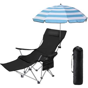 Karenhi 1 Set Beach Camping Chair with Umbrella for Adult Folding Reclining Camping Chair with Foot Rest Adjustable Clamp Canopy Shade for Outdoor Patio Beach Travel