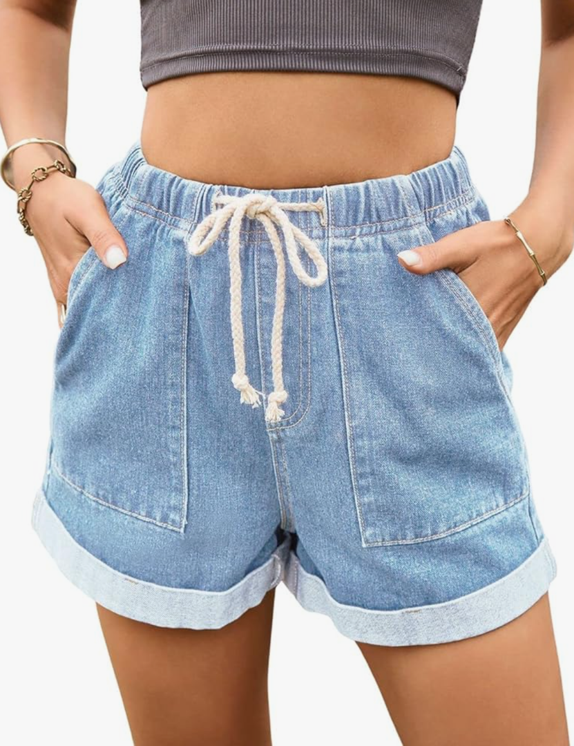 Kwoki Women's Drawstring Elastic Waist Denim Shorts Casual Trendy Lightweight Comfy Short Pants with Pockets, XL