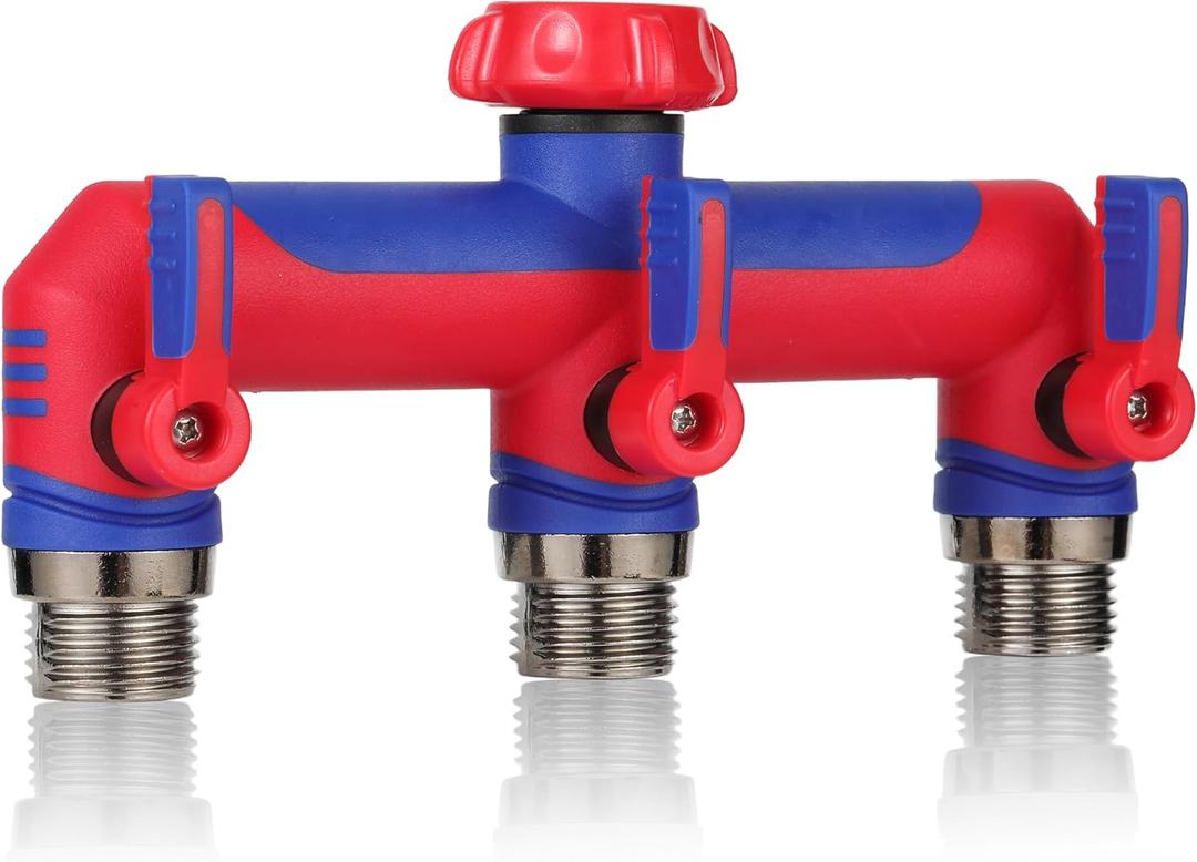 3 way Hose SplitterGarden Hose Connector and Outdoor Faucet Splitter,with Shutoff Valves Hoses Adapter -T Water Spigot Splitter Water Pipe Connector3/4" GHT Thread For Home Outdoor Gardenred blue