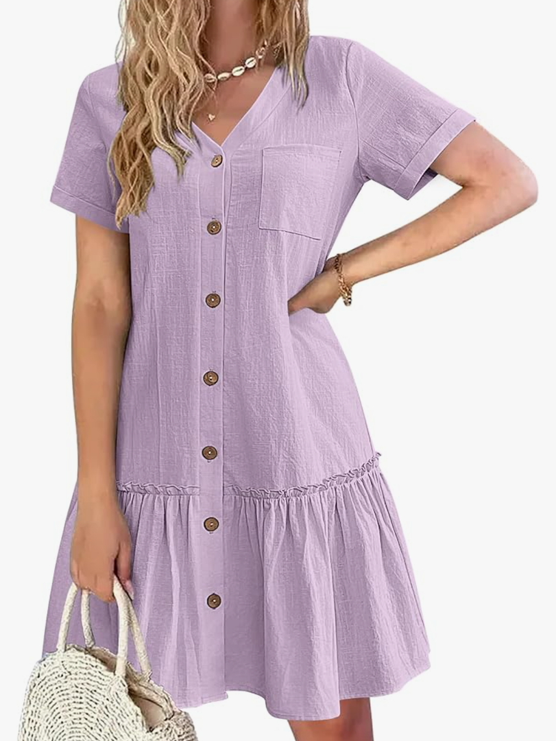 HOTOUCH Women Button Down Dress Loose Summer Cotton Linen Dress Ruffle Hem Casual Dress Short Sleeve Tunic Dress XL