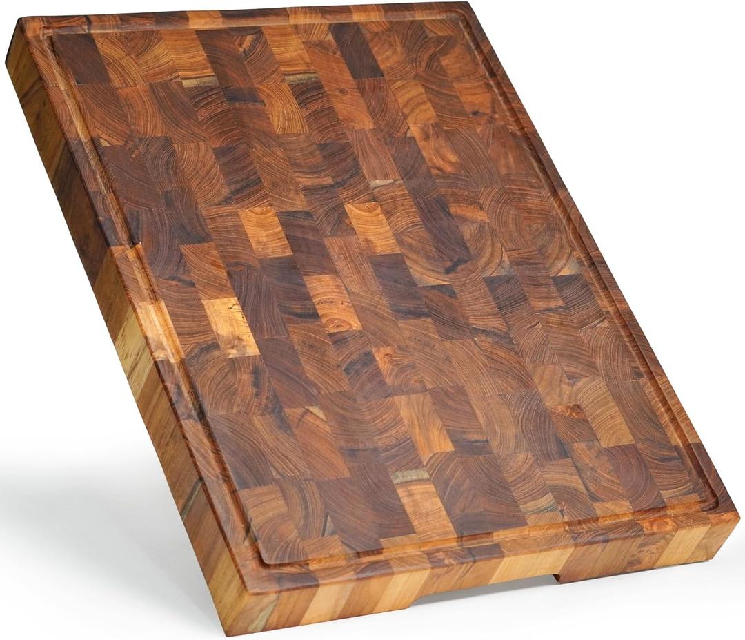 SHUMARU Teak Wood End-Grain Cutting Board  17x13x1.5 Butcher Block | Handmade in Bali - Silky-Smooth, Juice Groove, KnifeFriendly, Ergonomic Grips & NonSlip Feet