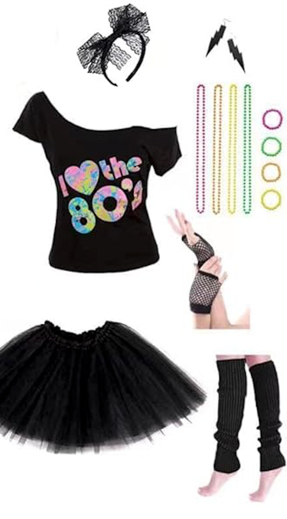 Women's 80's Costumes with Accessories Set Black Tutu Skirt Earrings Necklace Bracelets Fishnet Gloves Legwarmers Headband Large(8-10)