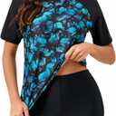 Halcurt Women's Built in Bra Rash Guard UPF 50 Two Piece Swimsuit Shirt and Board Shorts (X-Large, Black Green Palm)
