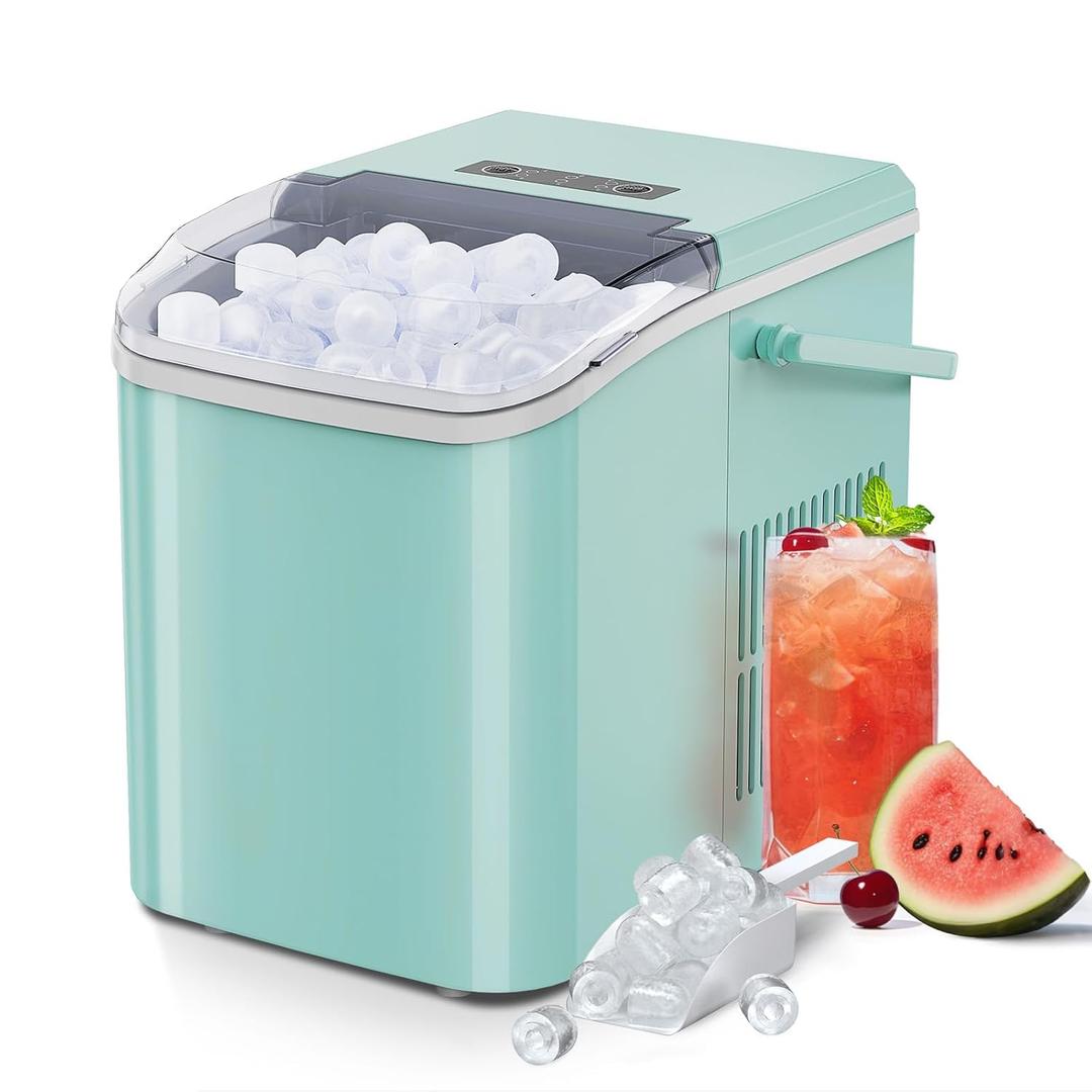 Ice Makers Countertop with Handle, Portable Ice Machine, 9 Bullet Ice Cubes in 6 Mins, 26lbs in 24Hrs, Auto-Cleaning, with Basket and Scoop, for Home, Kitchen, RV, Camping, Green