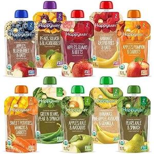 Happy Baby Organics Stage 2 Baby Food Pouches, Gluten Free, Vegan & Healthy Snack, Clearly Crafted Fruit & Veggie Puree, Fruit & Veggie Variety Pack, 4 Ounces (Pack of 10), Best By 10 July 2026