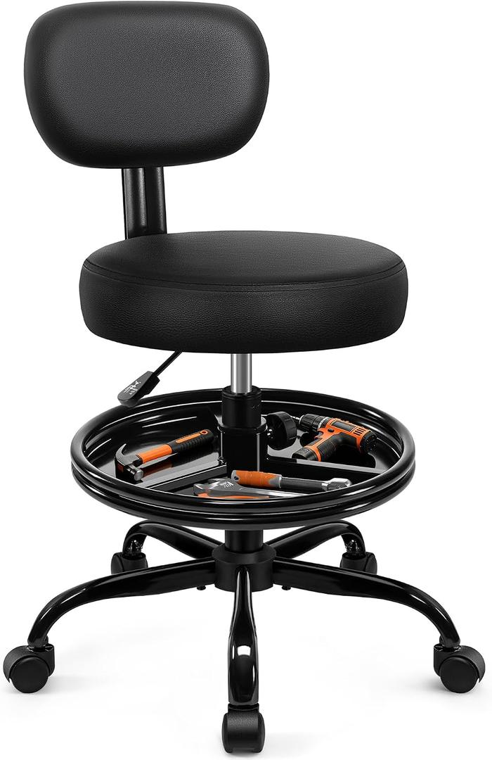 Shop Stool with Wheels for Garage, Mechanics Rolling Chair with Backrest, Adjustable Height Heavy Duty Garage Stool with Footrest and Storage Tray, Swivel Task Chair for Workshop Kitchen Salon, 23.5" H X 16.14" W X 16.14" D