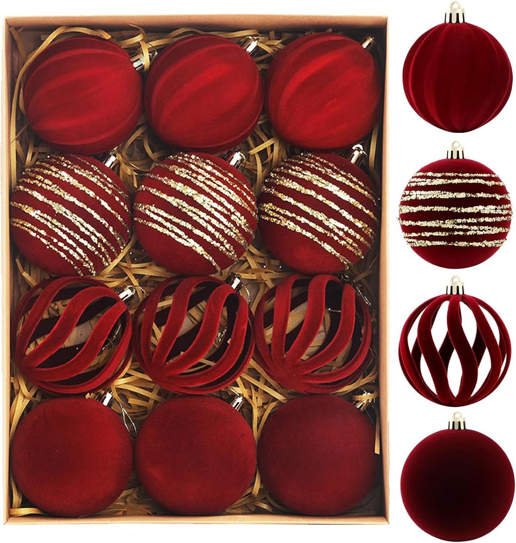 Christmas Ornaments Set of 12, 3.15" Flocked Velvet Balls with Hand Painted Designs, Burgundy Elegant Christmas Tree Decorations in Gift Box