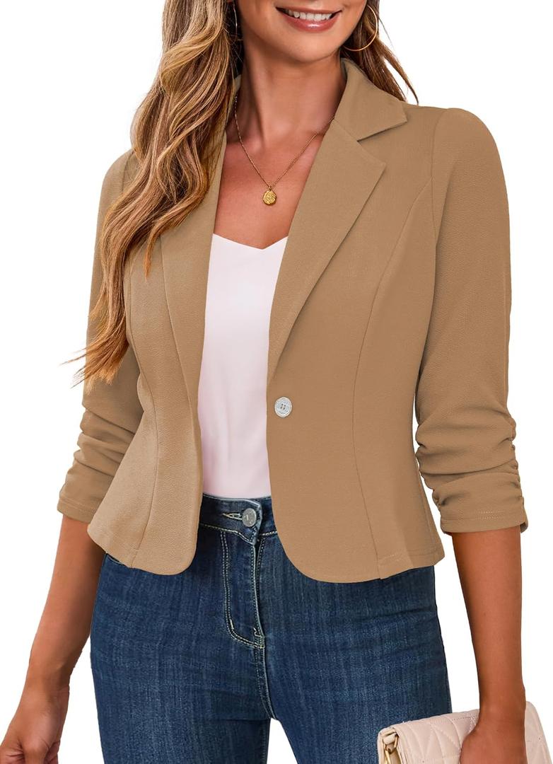 Traleubie Women's Cropped Blazers 3/4 Ruched Sleeve Lightweight Office Wear Short Blazer with Button, XL