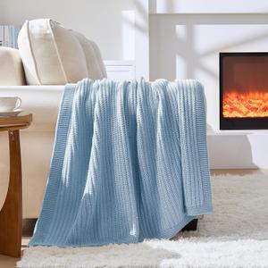 Chunky Knit Blue Throw Blanket for Couch Soft Cozy Thick Cable Knitted Throw Blankets for Sofa Bed Cute Decorative Throw Blanket for Living Room,50"x 60",Light Blue