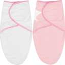 Biloban Baby Swaddles 0-3 Months for Girls, Cotton Swaddle Blanket, Newborn Essentials, Pink & White, 2 Pack