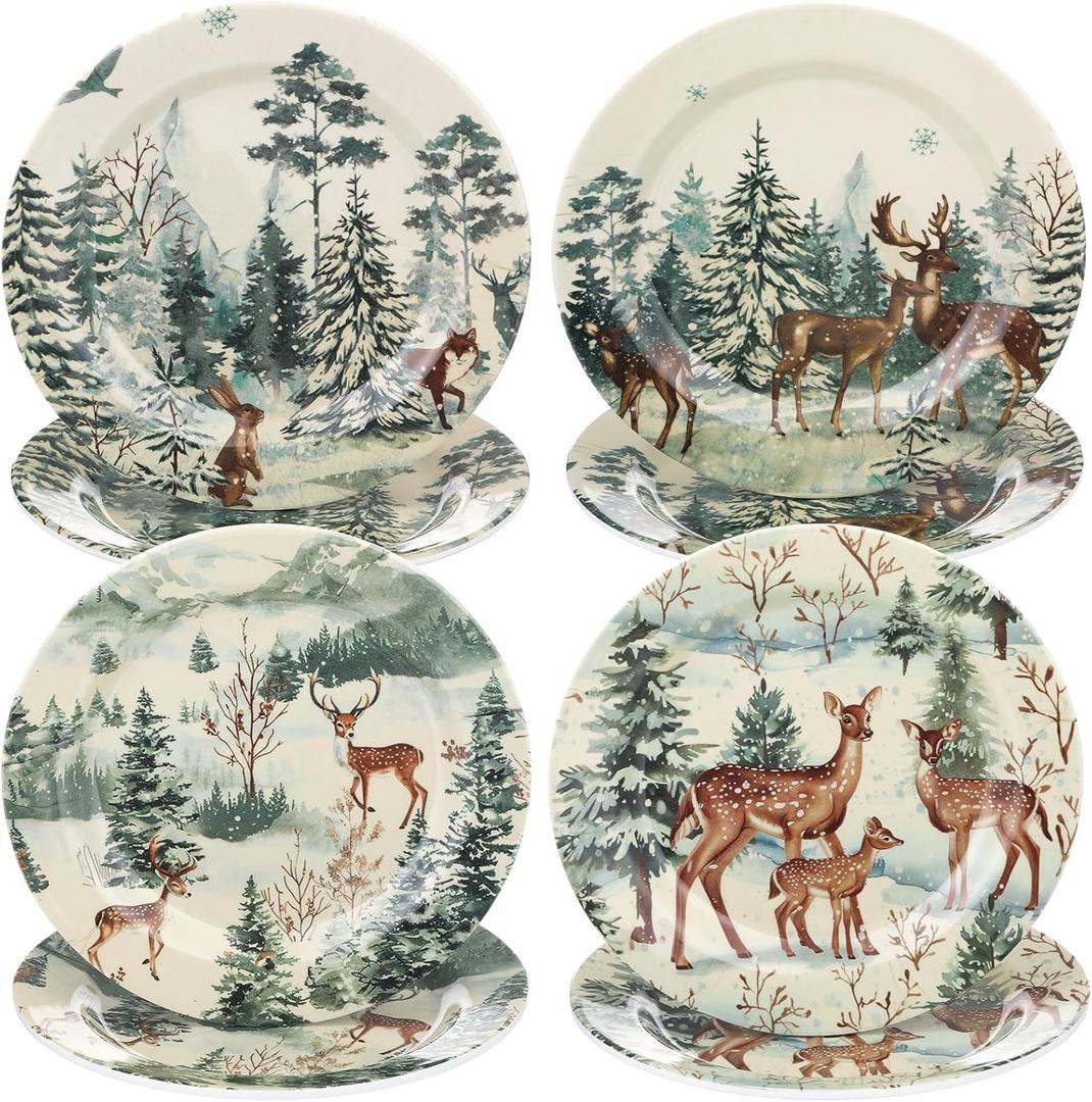 8 Pcs Christmas Melamine Salad Plates Winter Melamine Dessert Plates Assorted Designs Christmas Dishes Dinnerware Set for Xmas Birthday Party Gift Appetizer(Elk,Green,10 Inch)
