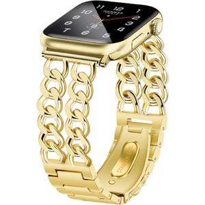 Newlibery Gold Watch Bands Women Compatible with Apple Watch 38mm 40mm 41mm 42mm (S10) Adjustable Metal Band Steel Chain Link Bracelet Strap for iWatch Series 10/9/8/7/6/5/4/3/2/1/SE/Ultra (No Case)
