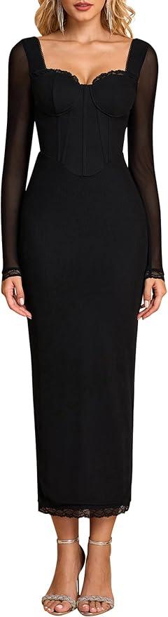 KUTUMAI Corset Lace Long Sleeve Formal Dress Back Slit Bodycon Fall Cocktail Wedding Guest Dresses, M