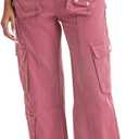 Cargo Pants for Women Low Rise Drawstring Waist 7 Pockets Hiking Work Wide Leg Pants with Zipper Button Closure (Small, Pink)