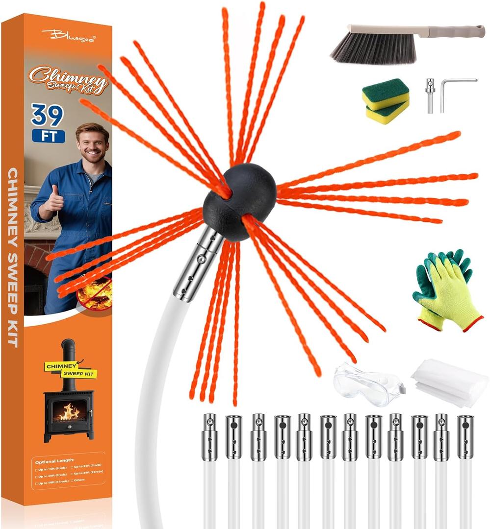 Bluesea 39 Feet Chimney Sweep Kit, Ergonomic Chimney Cleaning System with Strong Brush, Extends Up to 39 Feet, Includes 12 Flexible Chimney Rods