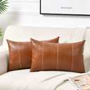 Fancy Homi 2 Packs Brown Boho Lumbar Faux Leather Decorative Throw Pillow Covers 12x20 Inch for Living Room Couch Bed Sofa, Hand Stitched Rectangle Cushion Case, Rustic Modern Farmhouse Home Decor 