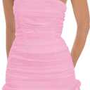 Mizoci Women's Sexy Tube Top Bodycon Mini Dress Strapless Ruffle Bow Back Ruched Party Short Dresses (Pink), Small