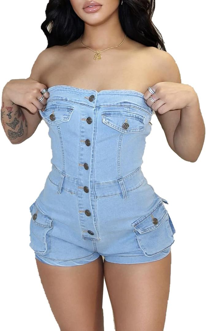 Quzzion Women's Summer Denim Jumpsuit Sexy Sleeveless Jean Short Rompers with Pockets, M, Blue
