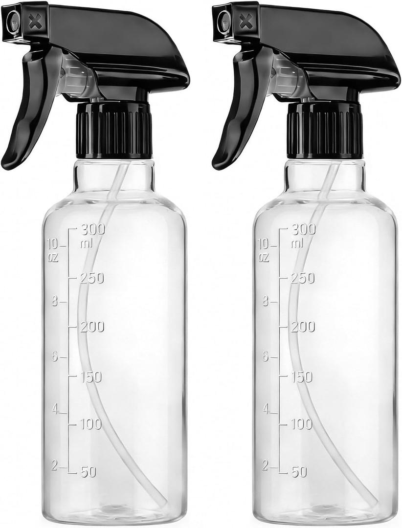 Plastic Spray Bottles (2 Pack 10 oz), Leakproof Adjustable Fine Mist & Jet Stream Nozzle, Premium BPA-Free Plastic Multi-Purpose for Hair, Plants, Cleaning (2 PACK CLEAR)