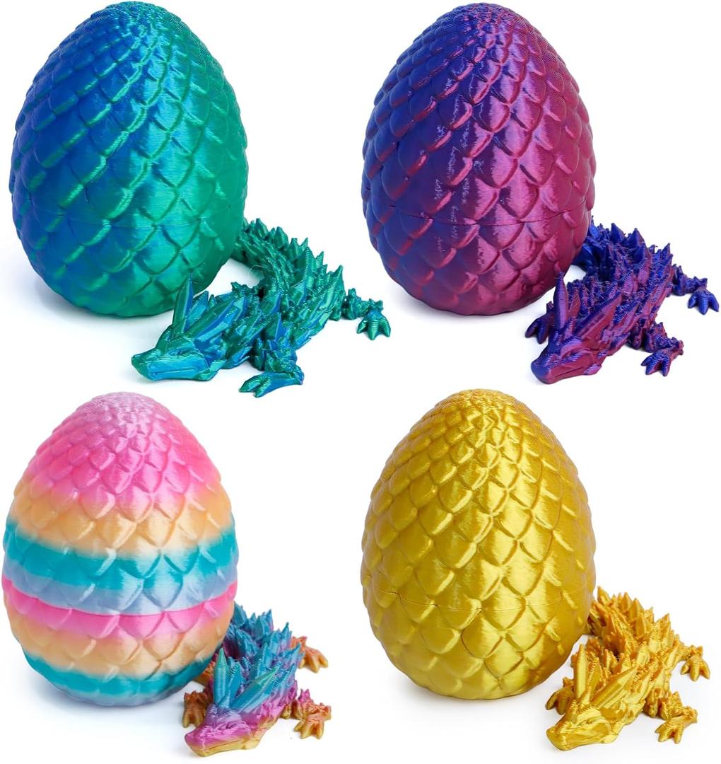 4 Pack 3D Printed Dragon Egg, Small Eggs with Dragon Inside, Articulated Crystal Dragon Fidget Toy, Desk Decor Pet, Mystery Figure Decor (Blue+Green+Candy+Gold)