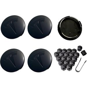 4PCS Car Wheel Center Hub Cap Kit, Hubcaps Accessories for Tesla Model 3 Model Y,56mm Hubcaps Wheel Rim Cover Tesla Center Hub Caps + Lug Nut Covers (Matte Black+Glossy Black Logo)