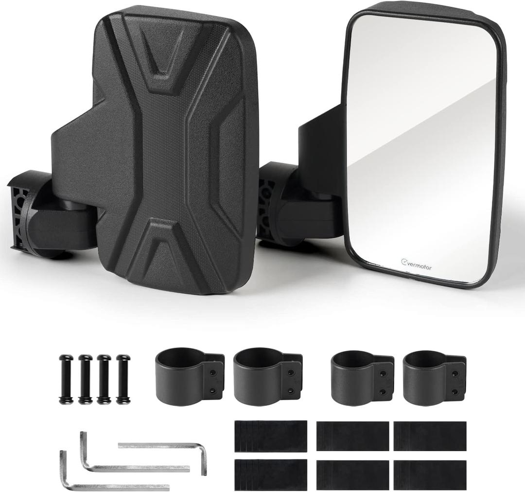 Evermotor UTV Side Mirrors with 1.6" to 2" Roll Cage Bar, 360 Rotate Adjustable ATV Rear View Side by Side Mirror Accessories Compatible with Honda Polaris RZR Ranger Scooter Kawasaki Mule Gator