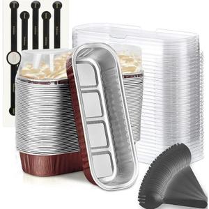 Findful Mini Loaf Baking Pans with Lids and Spoons (50 Pack, 6.8oz) Rectangle Aluminum Foil Baking Pans Tins Containers - Cupcake Containers Wrappers Cheesecake Creme Brulee Ramekins