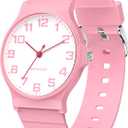 Kids Analog Watch Boys Girls, 30M Waterproof, Sports Watch for Boys, Easy to Read Children's Thin Dial Wrist Watches with Soft Band, for Ages 5-15 Kids Great Birthday Gifts Christmas Day (Pink-White Dial)