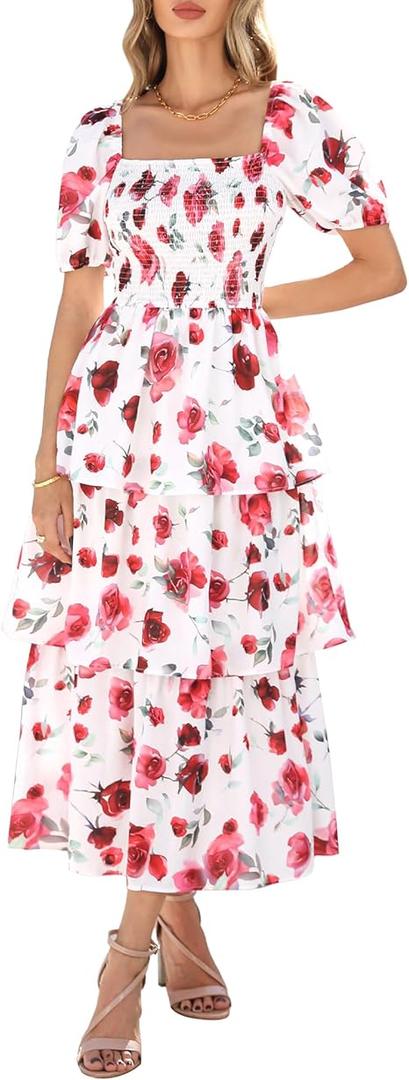 BTFBM Womens Square Neck Smocked Dress Summer Puff Short Sleeve Floral Casual Ruffle Tiered Maxi Wedding Guest Dresses (Medium, Floral White Red)
