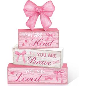 Capoda 4 Pieces Pink Bow Room Decor Bow Tiered Tray Decor Your are Kind, Brave, Loved Centerpiece Wooden Signs for Farmhouse Home Office Entryway Preppy Coquette Inspirational Table Decorations