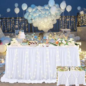 14ft White Tulle Table Skirt with Led Light White Ruffle Tutu Table Cloth for Rectangle Round Tables for for Wedding Birthday Party Baby Shower Cake Dessert Buffet Banquet Table Decorations