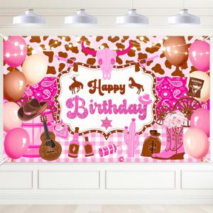Avezano Western Cowgirl Birthday Banner Wild West Western Theme Happy Birthday Party Decorations Cow Print Pink Cowgirl Birthday Photography Background Party Supplies Banner 70.8 x 43.3 Inch